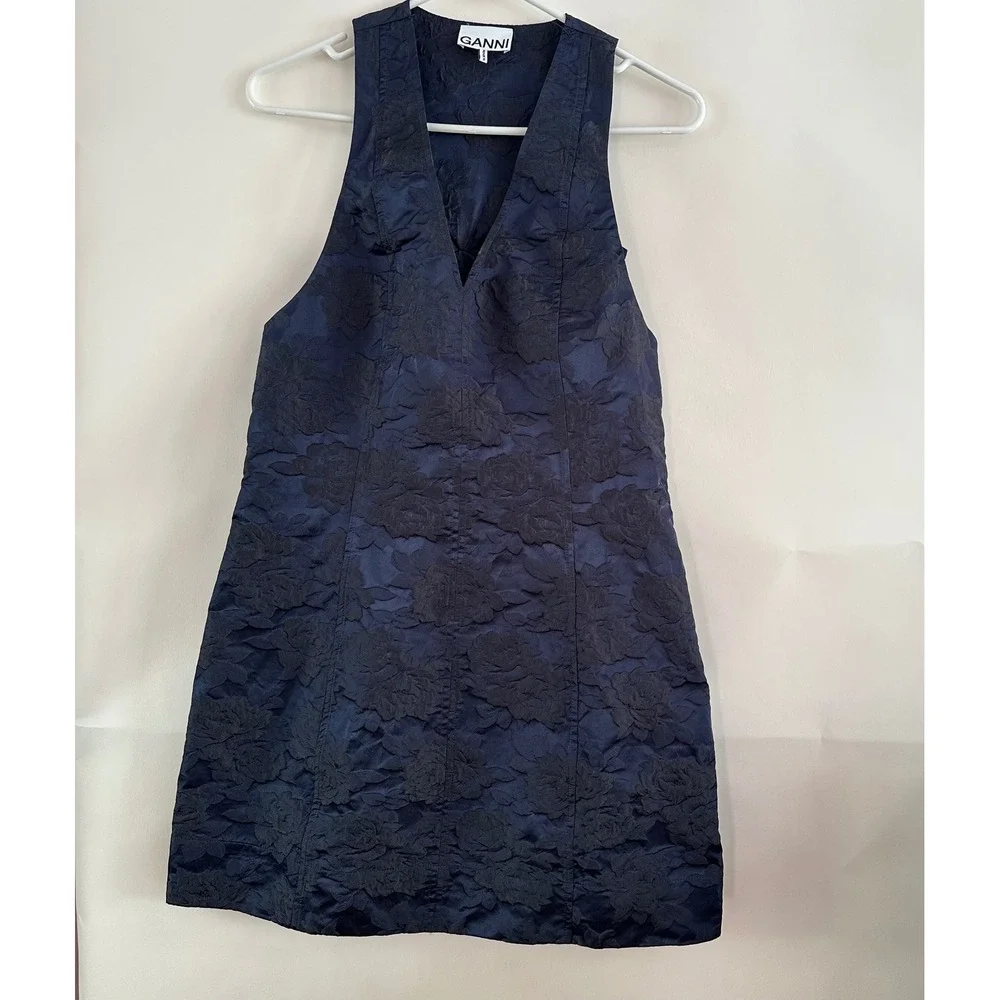 Ganni Navy Blue Botanical Jacquard Mini Dress V-Neck Knot Back Size 38 US 6